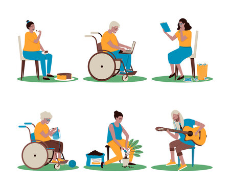 A set of men and women engaged in their favorite business. Plays the guitar, plants flowers, reads or fills out a diary, crochets, eats a cake, works at a laptop. Flat vector illustration.