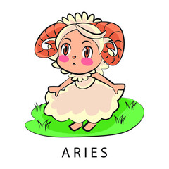 Zodiac sign of Aries cute girl illustration vector, March 21 - April 19. Future telling, horoscope, alchemy, spirituality, occultism, fashion.