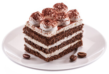 Slice of chocolate cake with tiramisu cream and cocoa powder on white plate isolated on white background.