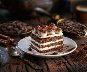 Slice of chocolate cake with tiramisu cream and cocoa powder on wooden table.