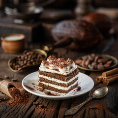 Slice of chocolate cake with tiramisu cream and cocoa powder on wooden table.