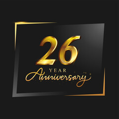 26th anniversary celebration logotype with handwriting golden color elegant design isolated on black background. vector anniversary for celebration, invitation card, and greeting card.