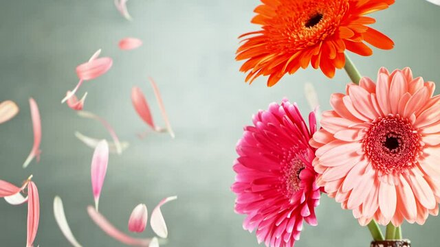 Beautiful colorful gerbera daisy with falling petals. Super slow motion