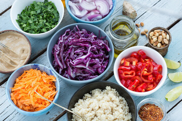 ingredients for vegetarian salad with red cabbage and quinoa