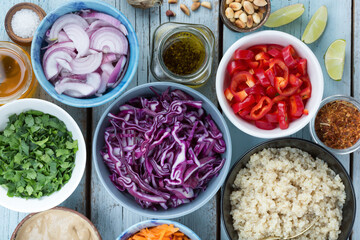 ingredients for vegetarian salad with red cabbage and quinoa