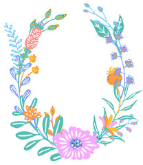 colorful floral twigs branches flowers frame arrangement, isolated vector illustration