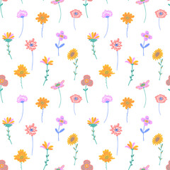 cute floral seamless pattern, endless repeatable plants texture in soft pastel colors, vector illustration background