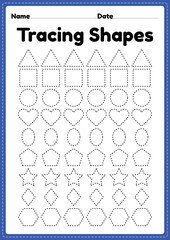 Tracing shapes worksheet for kindergarten and preschool kids for handwriting practice and educational activities in a printable page illustration © TukTuk Design