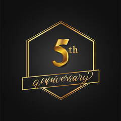 5th Anniversary Celebration. Anniversary logo with hexagon and elegance golden color isolated on black background, vector design for celebration, invitation card, and greeting card