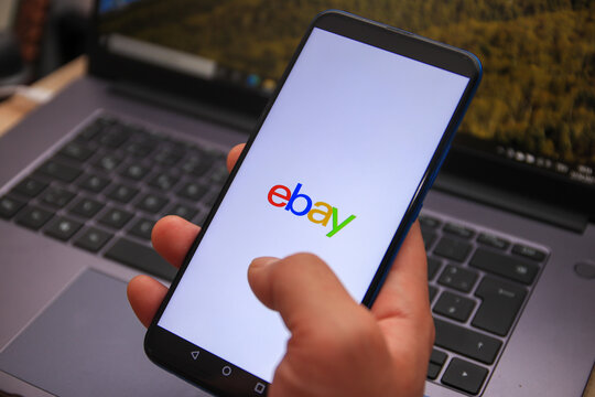 Berlin, Germany - April 22, 2021: ebay logo displayed on smartphone. eBay is an online shopping site that's best known for its auctions and consumer to consumer sales