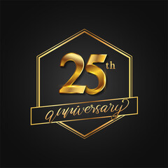 25th Anniversary Celebration. Anniversary logo with hexagon and elegance golden color isolated on black background, vector design for celebration, invitation card, and greeting card