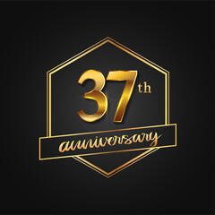 37th Anniversary Celebration. Anniversary logo with hexagon and elegance golden color isolated on black background, vector design for celebration, invitation card, and greeting card
