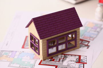 Small wooden house standing on design project closeup