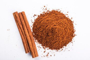 Cinnamon sticks and Powder, White Background from top stock photo