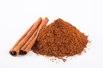 Cinnamon sticks and Powder, White Background stock photo