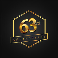 63rd Anniversary Celebration. Anniversary logo with hexagon and elegance golden color isolated on black background, vector design for celebration, invitation card, and greeting card