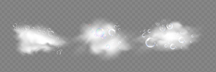 Bath foam with shampoo bubbles isolated on a transparent background. Vector shave, foam mousse with bubbles top view template for your advertising design.