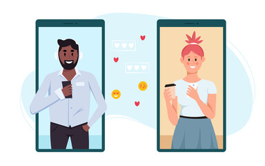 Young people using smartphones for online dating, chatting and texting. Communication with person. Man and woman with mobile phones cartoon characters. Vector illustration.