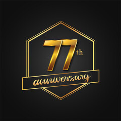 77th Anniversary Celebration. Anniversary logo with hexagon and elegance golden color isolated on black background, vector design for celebration, invitation card, and greeting card