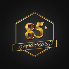85th Anniversary Celebration. Anniversary logo with hexagon and elegance golden color isolated on black background, vector design for celebration, invitation card, and greeting card