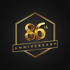 86th Anniversary Celebration. Anniversary logo with hexagon and elegance golden color isolated on black background, vector design for celebration, invitation card, and greeting card