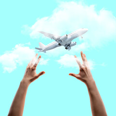 Contemporary art collage, modern design. Summer mood. Human hands catching big flying plane on blue...