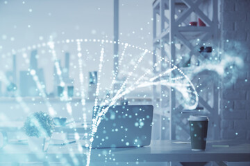 Double exposure of dna drawing and office interior background. Concept of science.