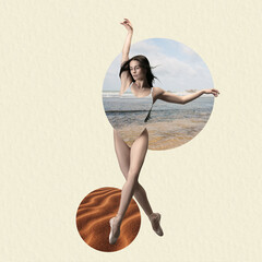 Contemporary art collage, modern design. Summer mood. Tender ballerina dancing on geometrical...