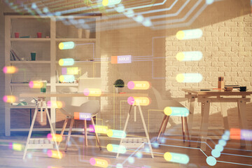 Obraz premium Multi exposure of data theme drawing and office interior background. Concept of technology.