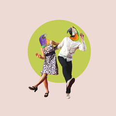 Contemporary art collage, modern design. Summer mood. Couple of dancers headed with birds heads dancing on bright