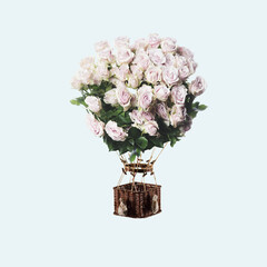 Contemporary art collage, modern design. Summer mood. Balloon with bouquet of tender white roses on light blue