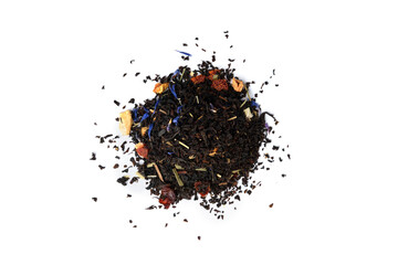 Black tea with rosehip and apple isolated on white background.