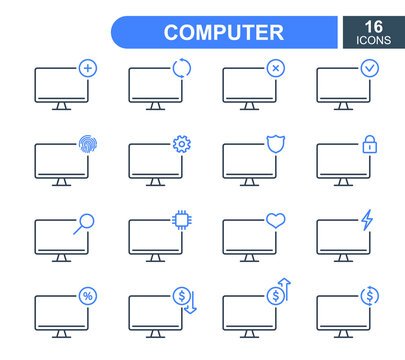 Set of Simple Computer line icons. Computer Repair Service, Sale, Loan, Renovation and Update System line icons. PC linear icons. Editable Stroke. Vector illustration