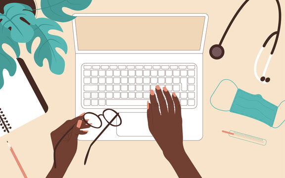 Female hands of an African American doctor or nurse at the table. Top view on laptop, stethoscope, medical mask. Flat vector illustration