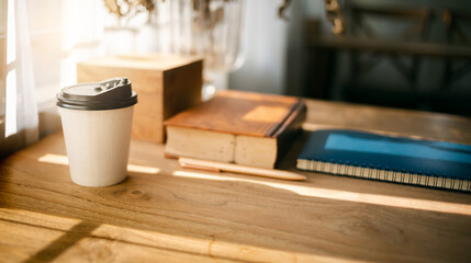 Warm tone, soft focus coffee cup and book on wooden table near bright window with sunlight shining through, Vintage style