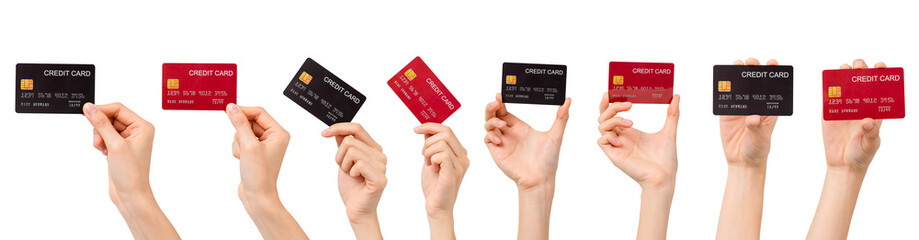 Hand holding mockup credit card, gesture collection isolated on white background. modern design...