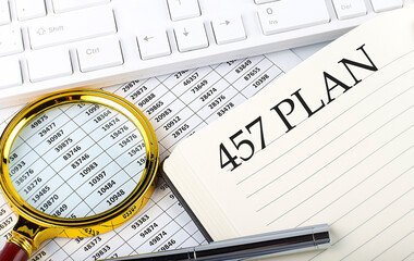 457 PLAN text on notebook with chart, magnifier,keyboard and pen