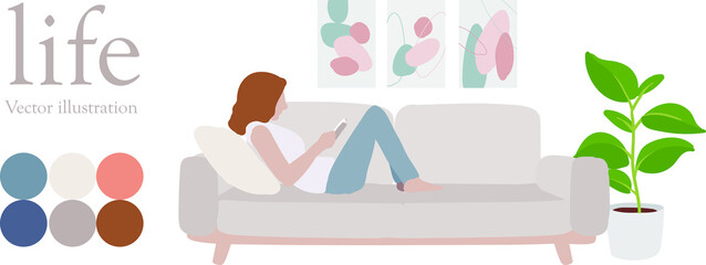 Morandi color hand drawn stylish family life vector decorated woman reading a book on the sofa. Green potted plants relax interior, modern, life, house photo frame pop style background simple line des