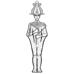 Fototapeta premium Animation portrait Egyptian man n the crown holds symbols of power in his hands. God Osiris. Full growth. Vector illustration isolated on a white background. Print, poster, t-shirt, tattoo.