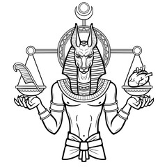 Animation portrait: Egyptian God Anubis measures the human heart and pen on sacred scales. God of death. Vector illustration isolated on a white background. Print, poster, t-shirt, tatto.