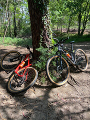 Fototapeta na wymiar Antas, Esposende, Portugal, April 18, 2021: Bicycles in the countryside parked against a tree. Mountain bikes parked on a path in the forest.