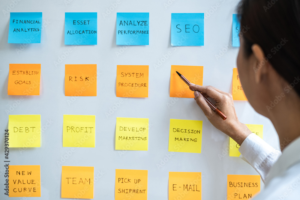 Poster young creative business people use note on board to share idea, analysis data chart and graph with p