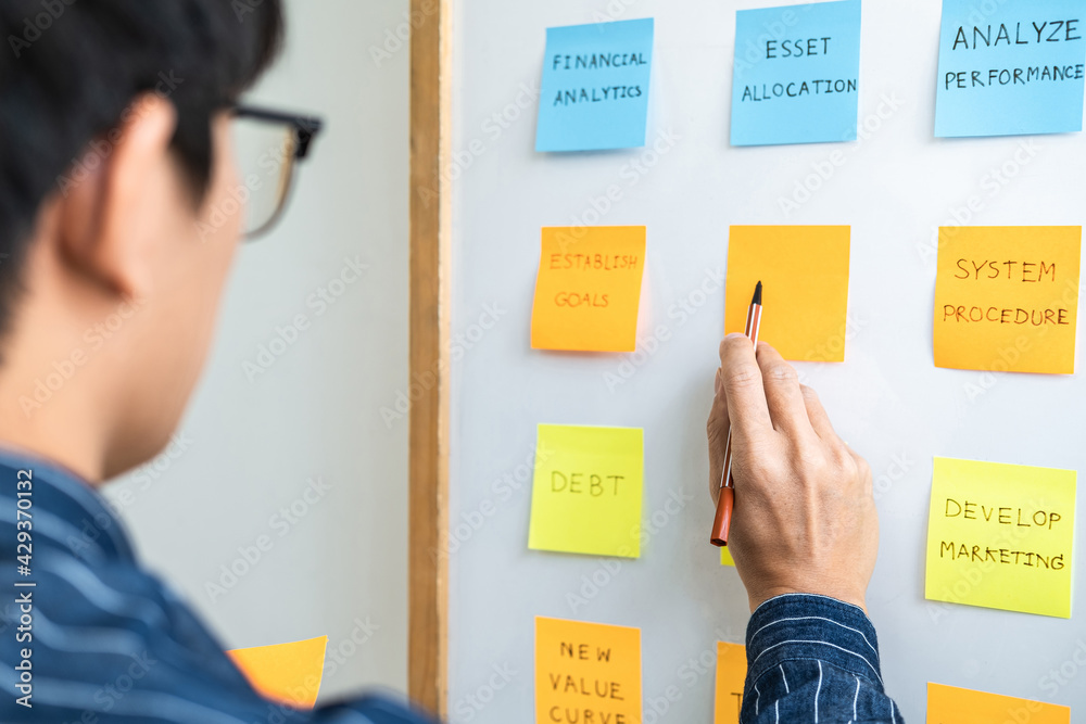 Poster Young creative business people use note on board to share idea, Analysis data chart and graph with planning strategy thinking in office