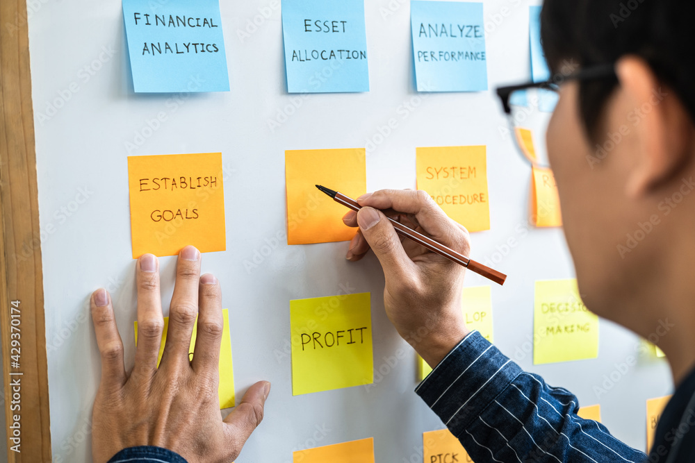 Poster young creative business people use note on board to share idea, analysis data chart and graph with p