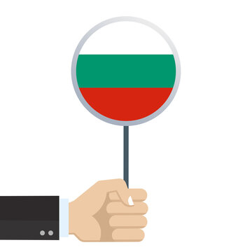 Bulgaria circular flag. Hand holding round Bulgarian flag. National symbol. Vector illustration. 