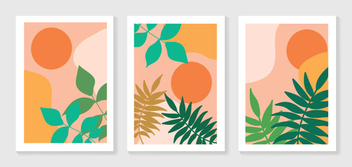 Fototapeta na wymiar Mountain and Botanical wall art vector set. Earth tones landscapes wallpaper. Oasis Tropical backgrounds collection with mountain, sand, palm,Twigs leaf, moon or sun. Vector illustration.