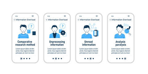 Information overload onboarding mobile app screens. Consists of comperative research method, unread info, analysis paralysis steps menu. Set of UI, UX, web template with RGB color linear icons