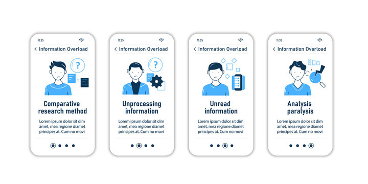 Information overload onboarding mobile app screens. Consists of comperative research method, unread info, analysis paralysis steps menu. Set of UI, UX, web template with RGB color linear icons