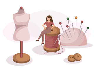 A girl in a flat style. Pillow with needles, thread, dummy. Seamstress, Sewing workshop, courses, tailoring, needlework, craft concept. Vector illustration for banner, advertisement, poster, cover.