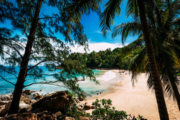 Beautiful lonely beach. View from the height of the turquoise ocean waves on the beach. Beautiful sandy beach with turquoise sea. Sandy beach on paradise island. Copy space